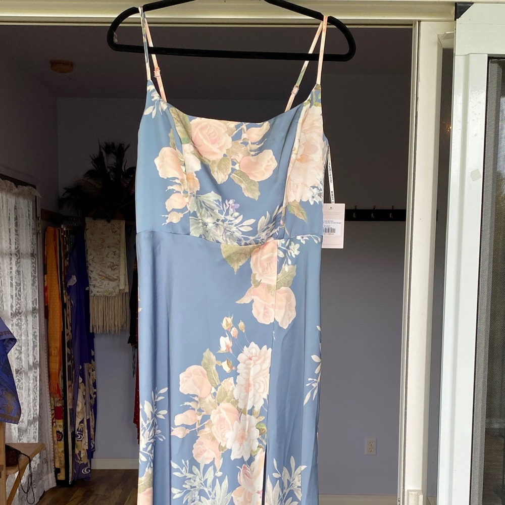 Birdy Grey Blue Floral Slip Maxi Dress with Pink Roses